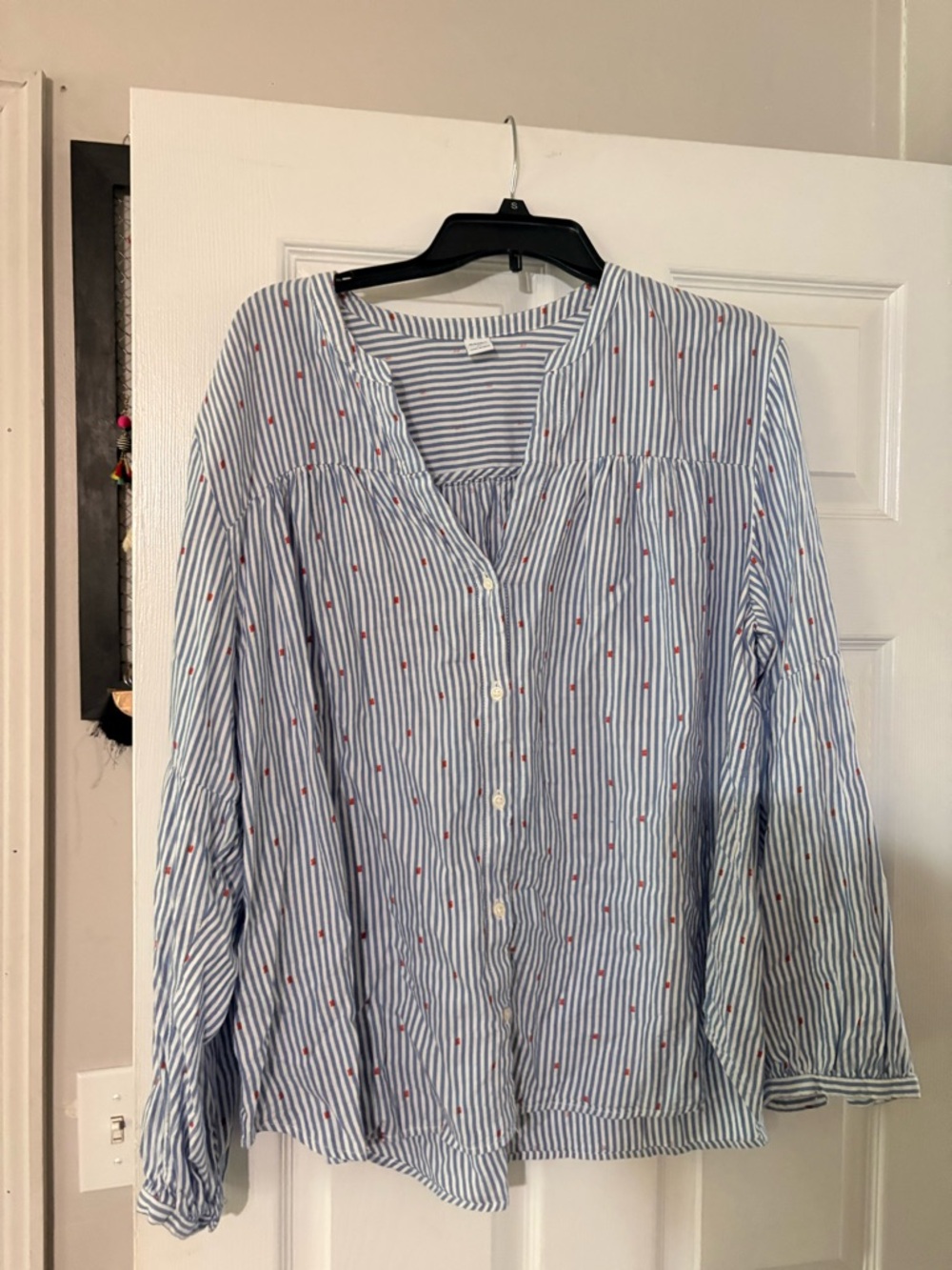 Old Navy Blue and White Striped Button-Down Shirt with Red Dot Print
